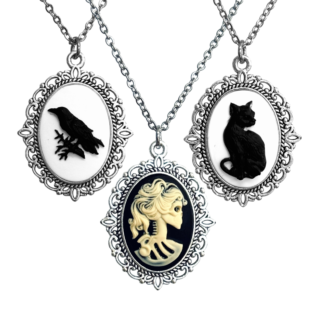 Gothic Lolita cameo pendant necklace crow skeleton black cat