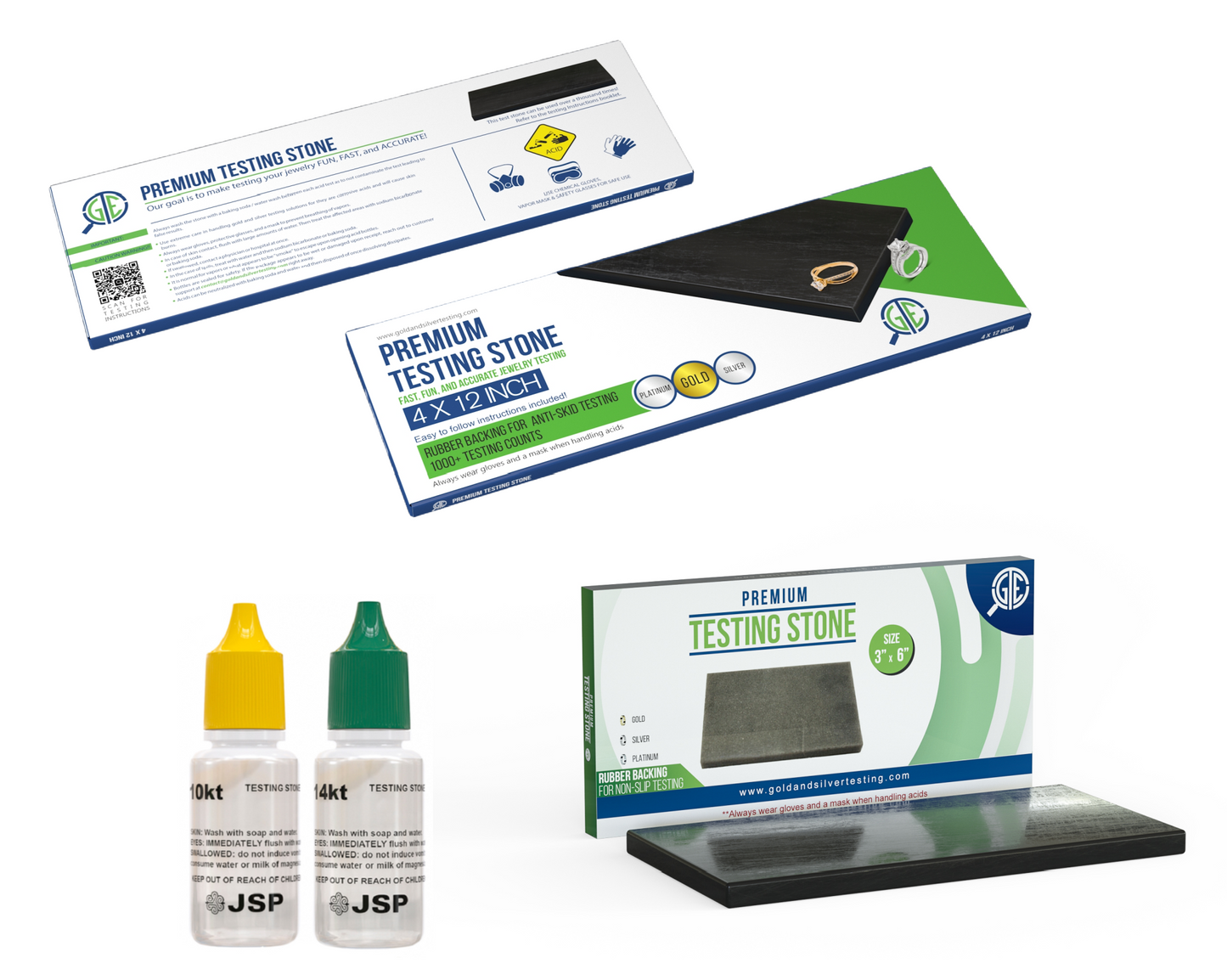 Gold Jewelry Test Kit (2) 4x12 Black Scratch Stones + (1) 3x6 Black Scratch Stone + (1) 10K JSP + (1) 14K JSP Test Solutions