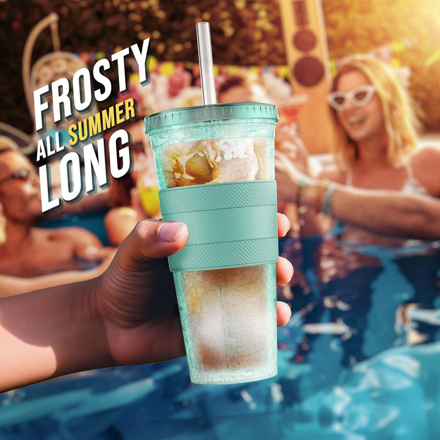 Freezable Iced Coffee Cup with Lid and Straw - Reusable Insulated Ice Tumbler with Grip Sleeve