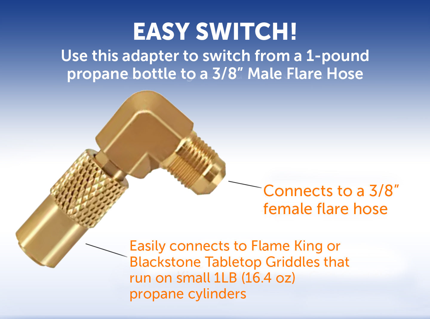 Flame King Elbow Adapter with 3/8" Male Flare for 17" or 22" Griddle