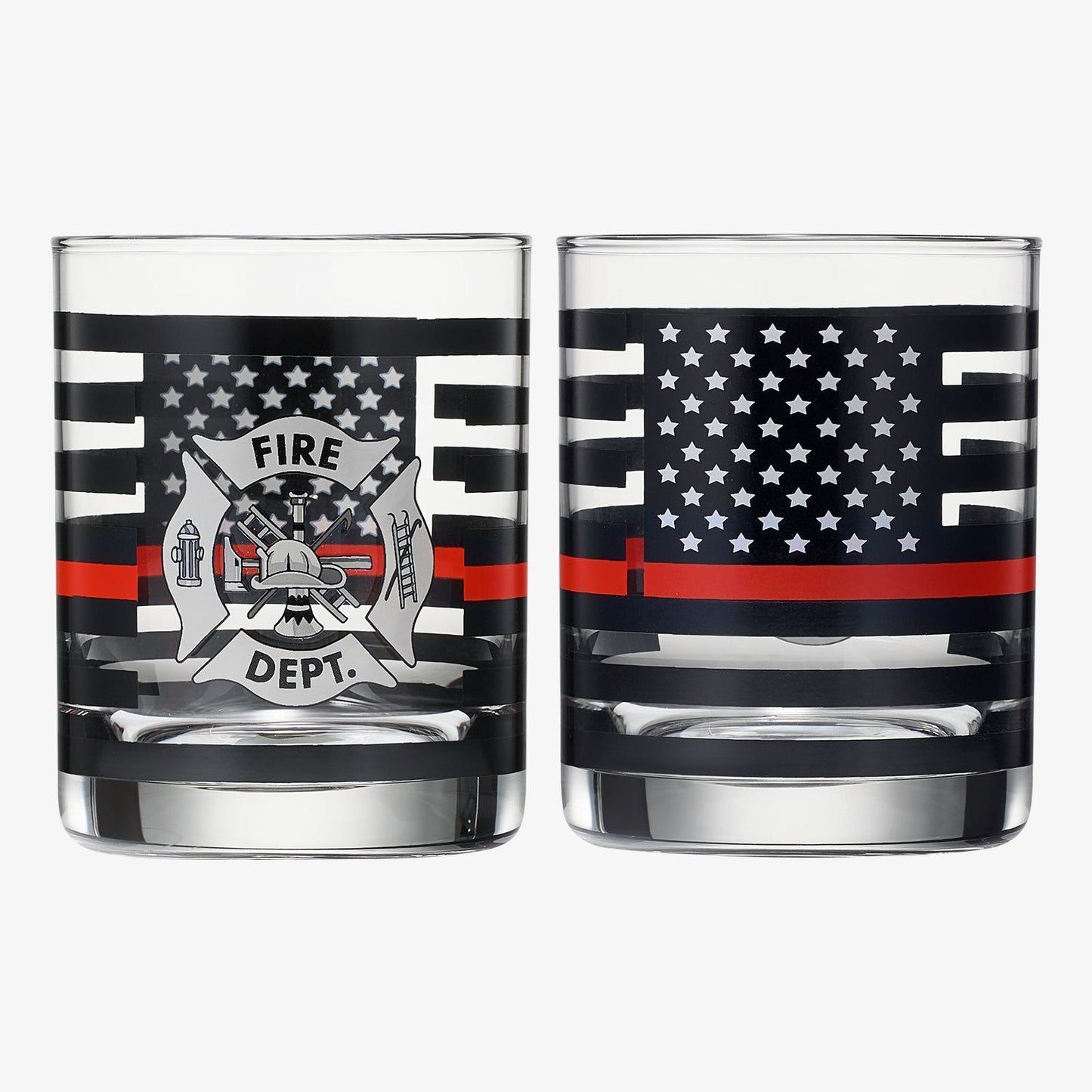 Firefighter Whiskey Glasses | Set of 2 | 12 OZ Old Fashioned Liquor Glasses, American Flag Red Line Fire Fighter Glass - Show Support for First Responders, Firemen Gifts for Him, Dad, Boyfriend
