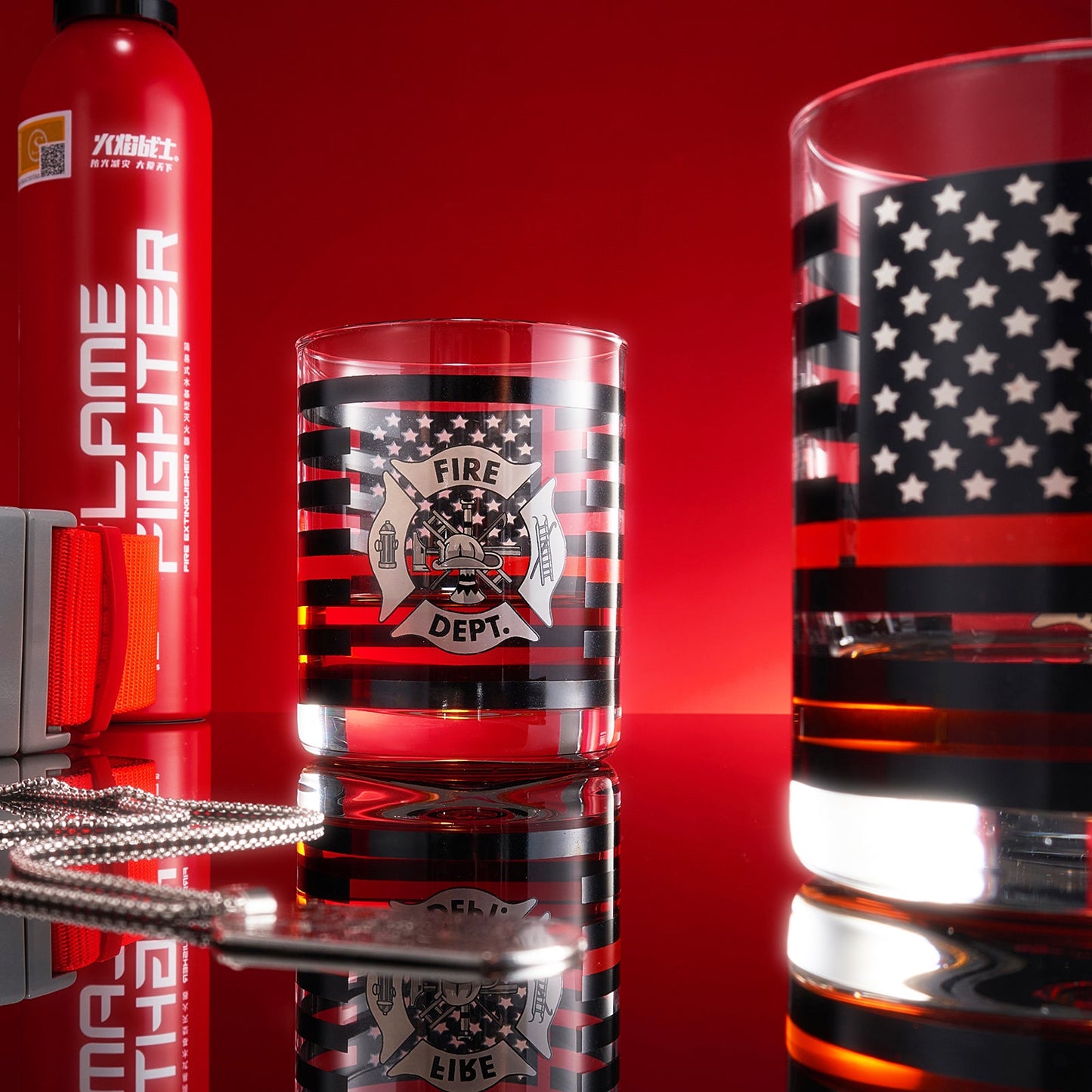 Firefighter Whiskey Glasses | Set of 2 | 12 OZ Old Fashioned Liquor Glasses, American Flag Red Line Fire Fighter Glass - Show Support for First Responders, Firemen Gifts for Him, Dad, Boyfriend