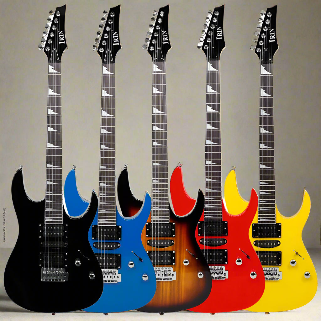 Five electric guitars in black, blue, red, yellow, and brown on a white background