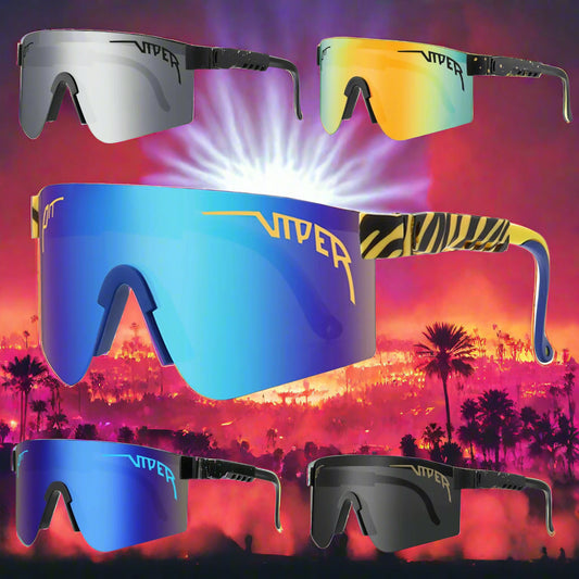 Five pairs of Viper sunglasses with different colored lenses on a white background