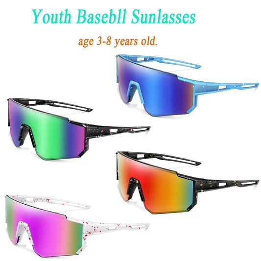 Four pairs of colorful youth baseball sunglasses on a white background.