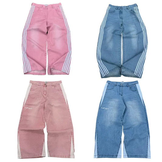 Four pairs of pants in blue and pink with white stripes on a white background