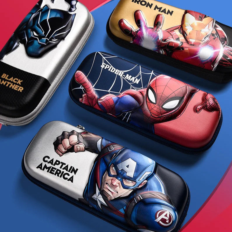 Four superhero-themed cases featuring Black Panther, Iron Man, Spider-Man, and Captain America on a blue and red background.