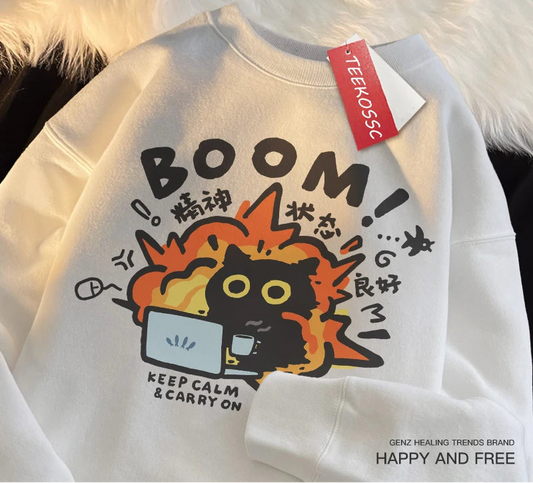 Funny Cat Sweatshirt - Good Mental State BOOM Cartoon Fleece Oversized Hoodie for Men & Women - Premium sweatshirt from Lizard Vigilante - Just $23.99! Shop now at Lizard Vigilante