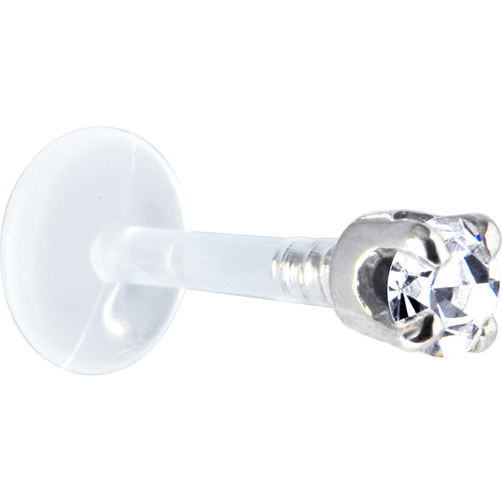 16G 5/16 Solid 14K White Gold 3mm Clear Cubic Zirconia Bioplast Tragus Earring Stud