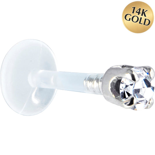 16G 5/16 Solid 14K White Gold 3mm Clear Cubic Zirconia Bioplast Tragus Earring Stud