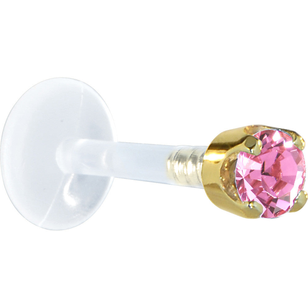 16G 5/16 Solid 14K Yellow Gold 3mm Pink Cubic Zirconia Bioplast Tragus Earring Stud