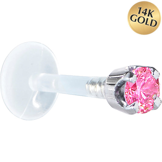 16G 5/16 Solid 14K White Gold 3mm Pink Cubic Zirconia Bioplast Tragus Earring Stud