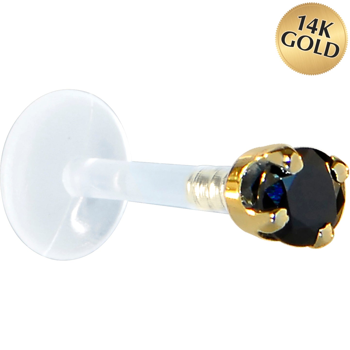 16G 5/16 Solid 14K Yellow Gold 3mm Black Cubic Zirconia Bioplast Tragus Earring Stud