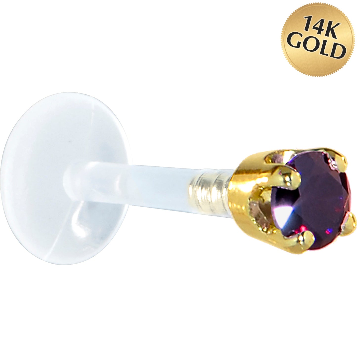 16G 5/16 Solid 14K Yellow Gold 3mm Amethyst Cubic Zirconia Bioplast Tragus Earring Stud