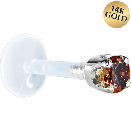 16G 5/16 Solid 14K White Gold 3mm Brown Cubic Zirconia Bioplast Tragus Earring Stud