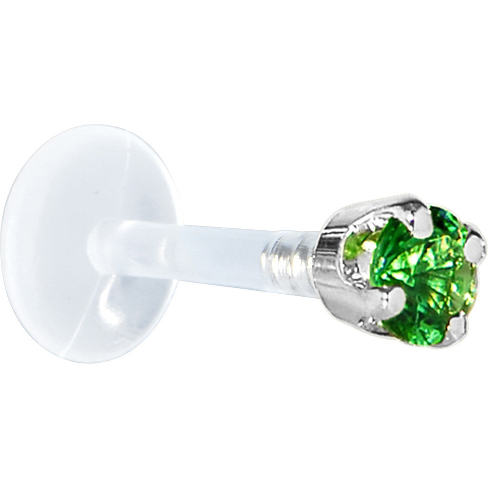 16G 5/16 Solid 14K White Gold 3mm Green Cubic Zirconia Bioplast Tragus Earring Stud
