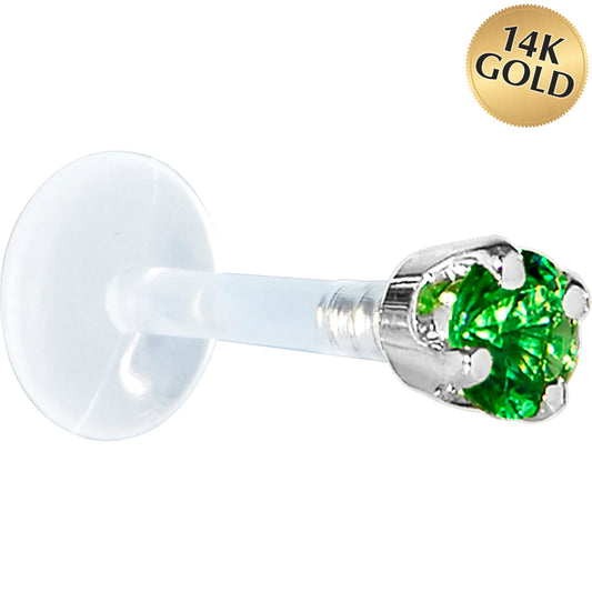 16G 5/16 Solid 14K White Gold 3mm Green Cubic Zirconia Bioplast Tragus Earring Stud