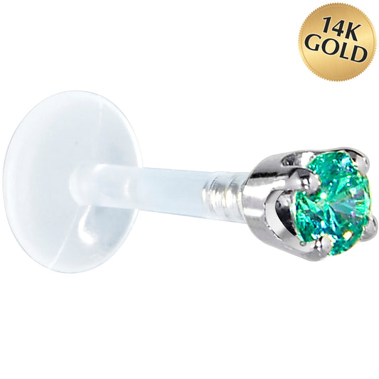 16G 5/16 Solid 14K White Gold 3mm Mint Green Cubic Zirconia Bioplast Tragus Earring Stud