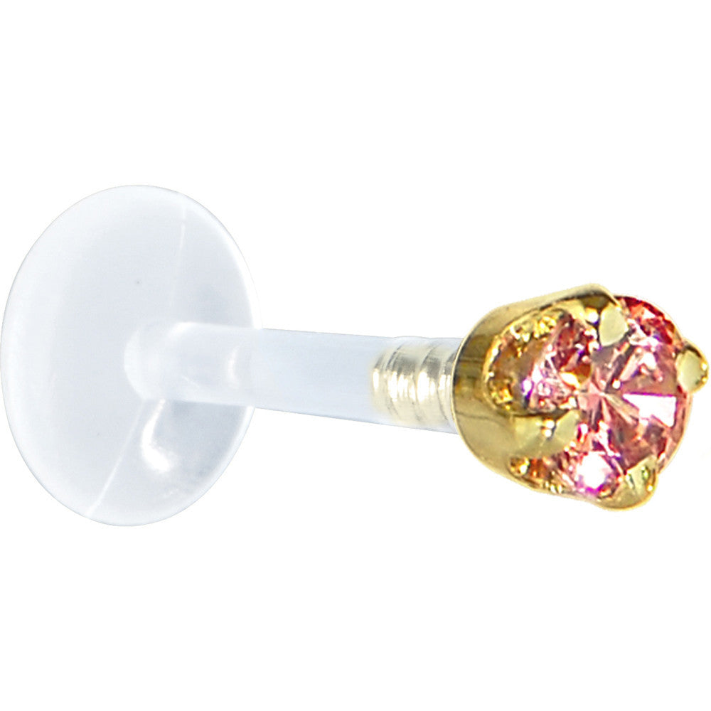 16G 5/16 Solid 14K Yellow Gold 3mm Salmon Cubic Zirconia Bioplast Tragus Earring Stud