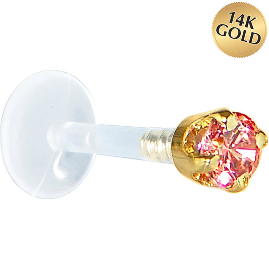 16G 5/16 Solid 14K Yellow Gold 3mm Salmon Cubic Zirconia Bioplast Tragus Earring Stud