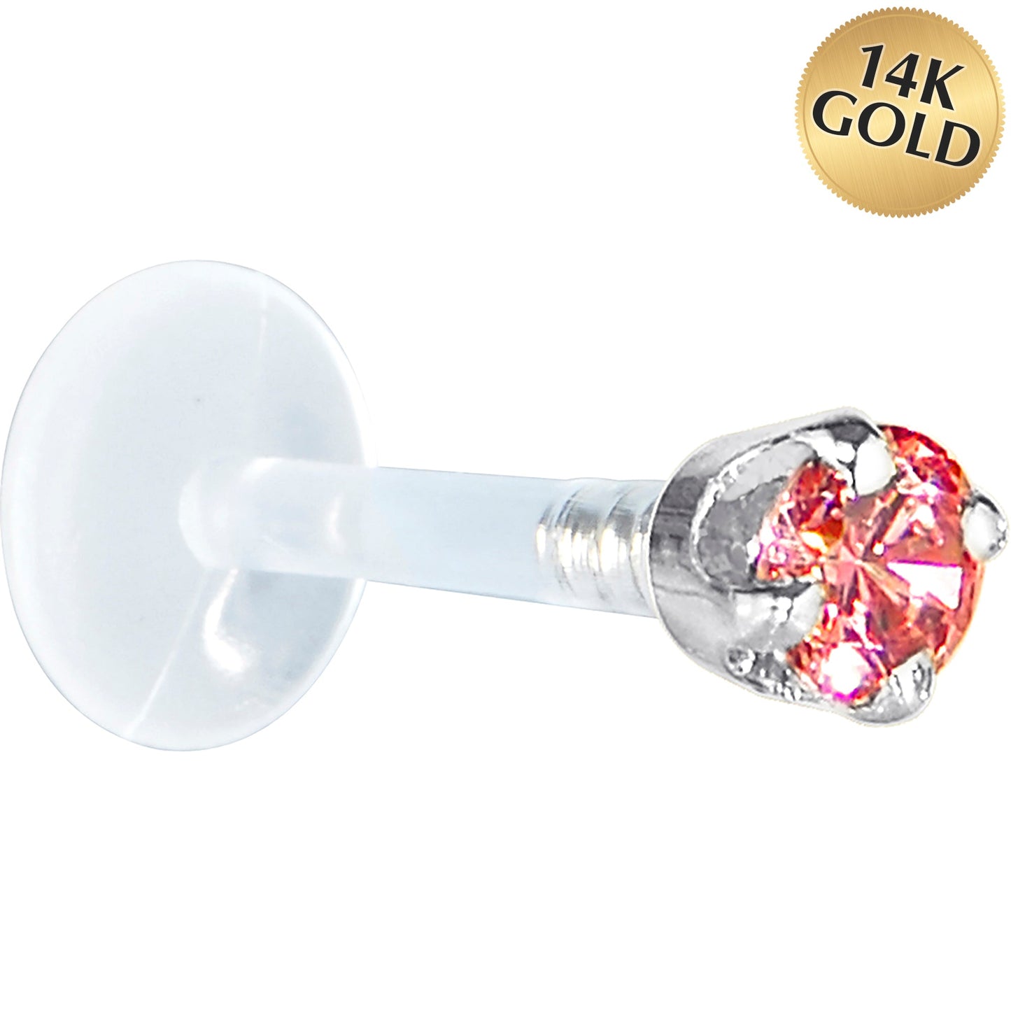 16G 5/16 Solid 14K White Gold 3mm Salmon Cubic Zirconia Bioplast Tragus Earring Stud