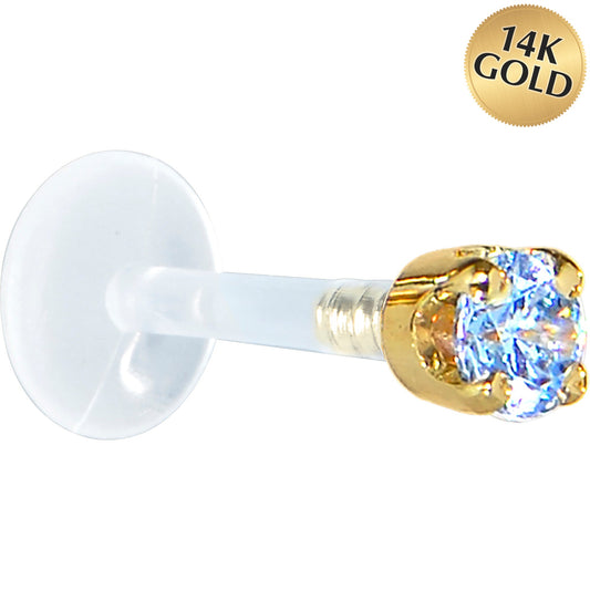 16G 5/16 Solid 14K Yellow Gold 3mm Plexi Blue Cubic Zirconia Bioplast Tragus Earring Stud