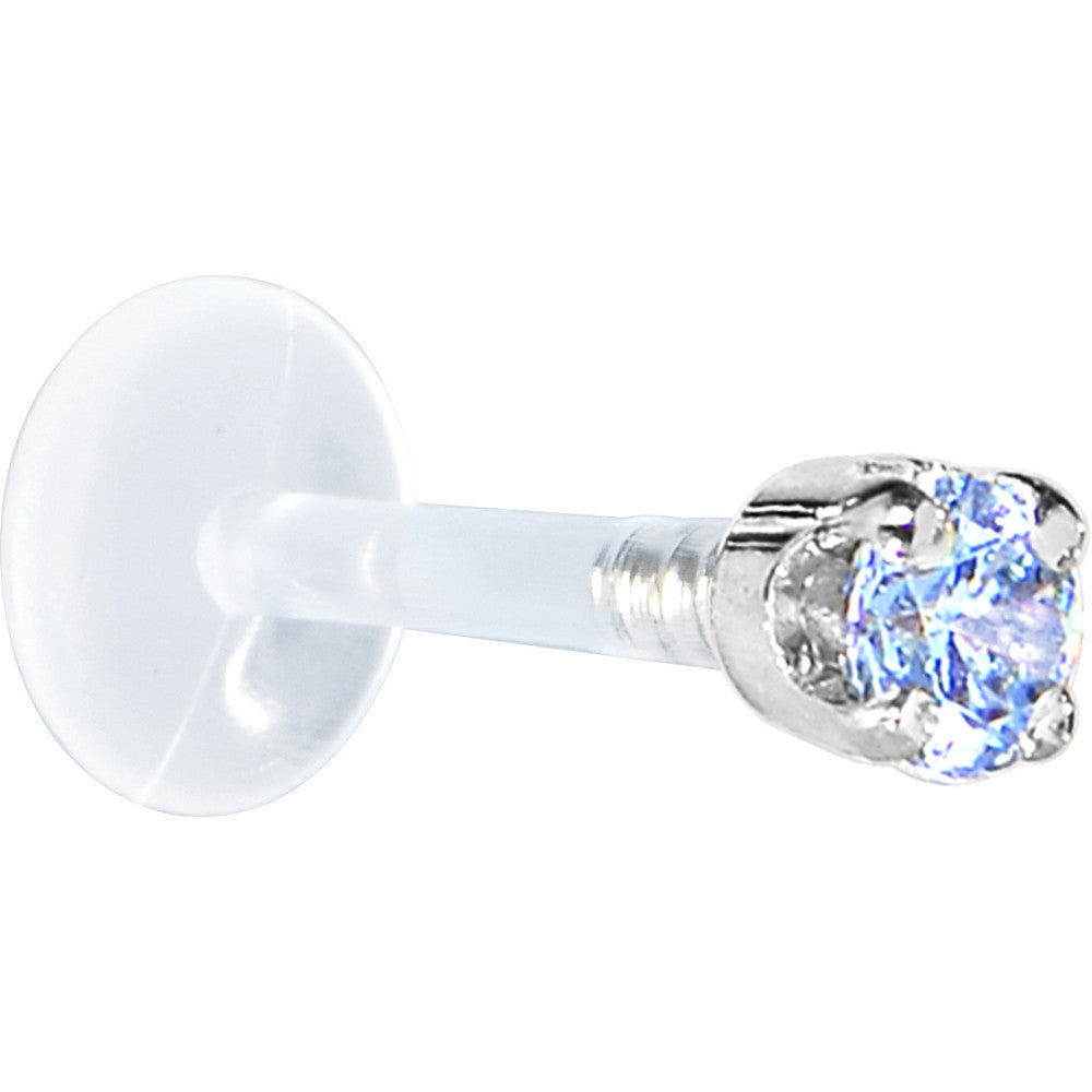 16G 5/16 Solid 14K White Gold 3mm Plexi Blue Cubic Zirconia Bioplast Tragus Earring Stud