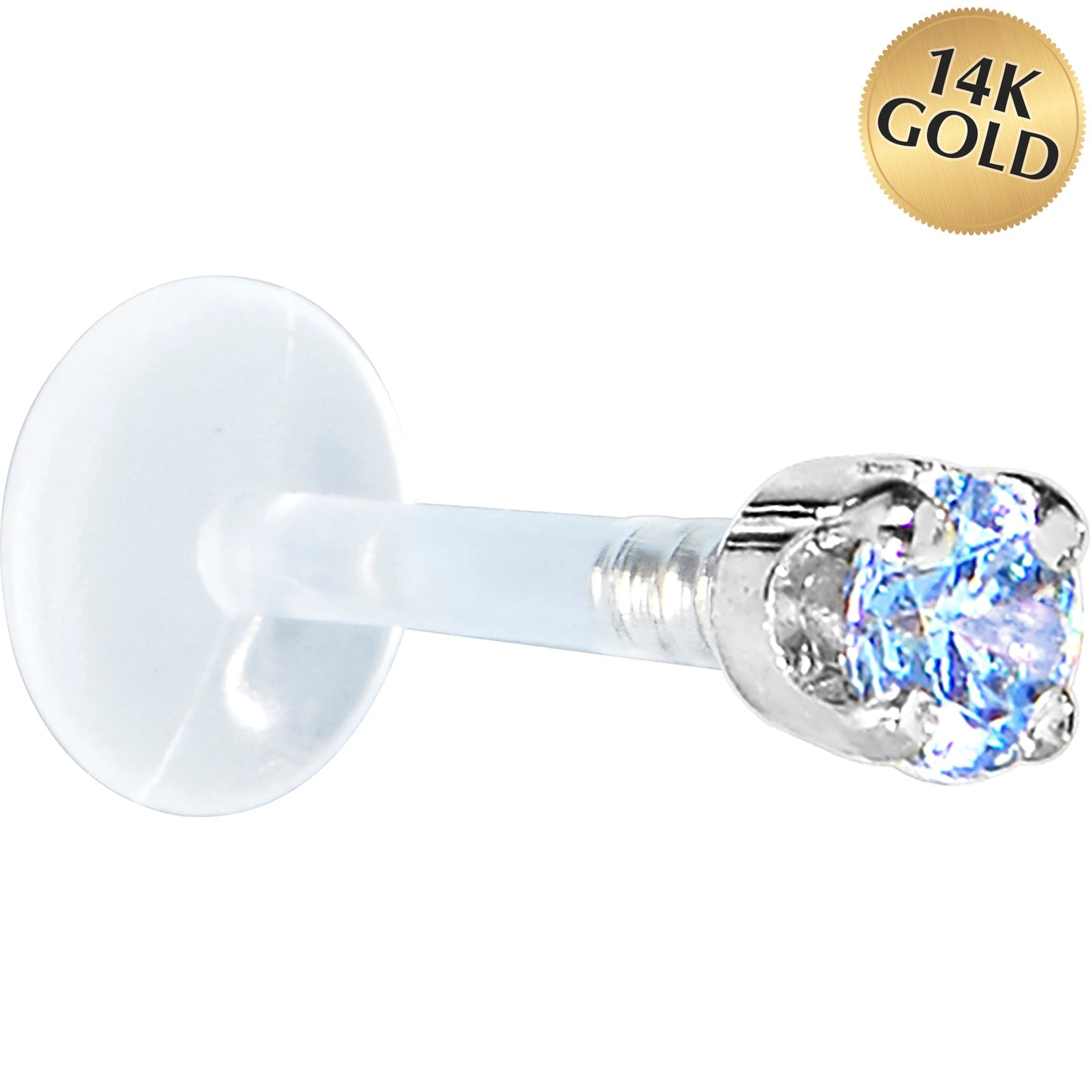16G 5/16 Solid 14K White Gold 3mm Plexi Blue Cubic Zirconia Bioplast Tragus Earring Stud