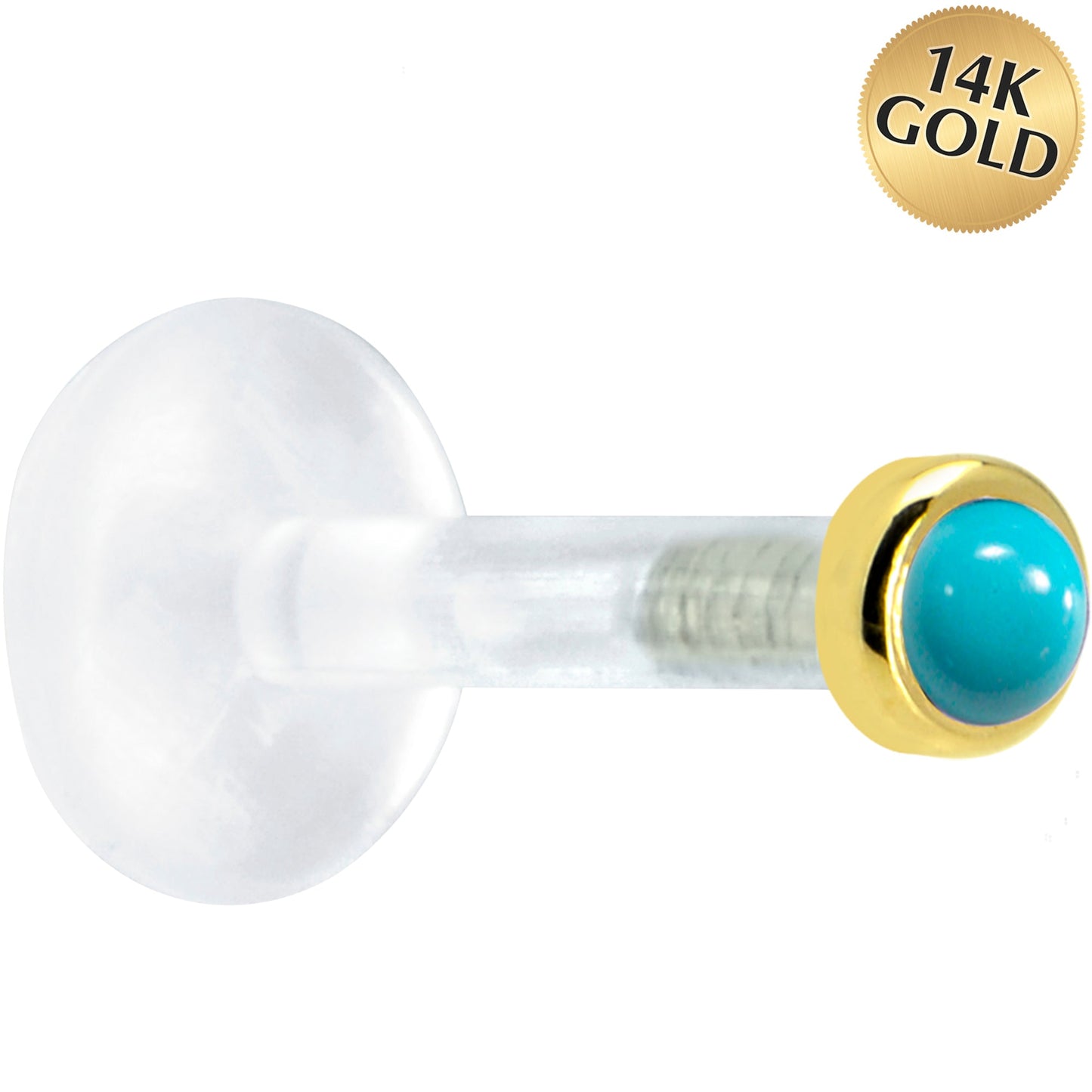 Solid 14K Yellow Gold 2mm Genuine Turquoise Bioplast Push in Labret