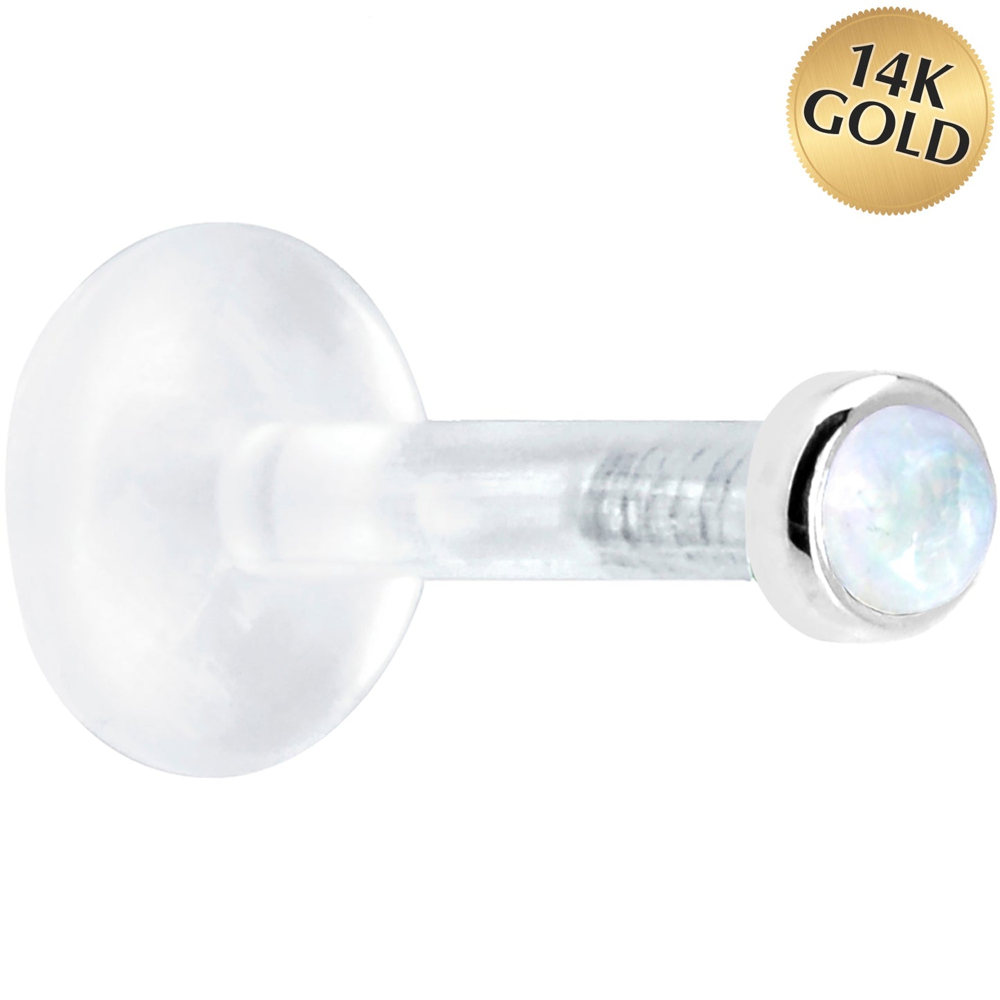 Solid 14K White Gold 2mm Genuine Rainbow Moonstone Bioplast Push in Labret