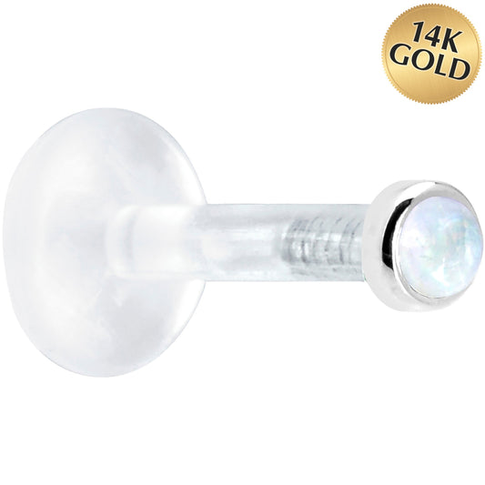 Solid 14K White Gold 2mm Genuine Rainbow Moonstone Bioplast Push in Labret