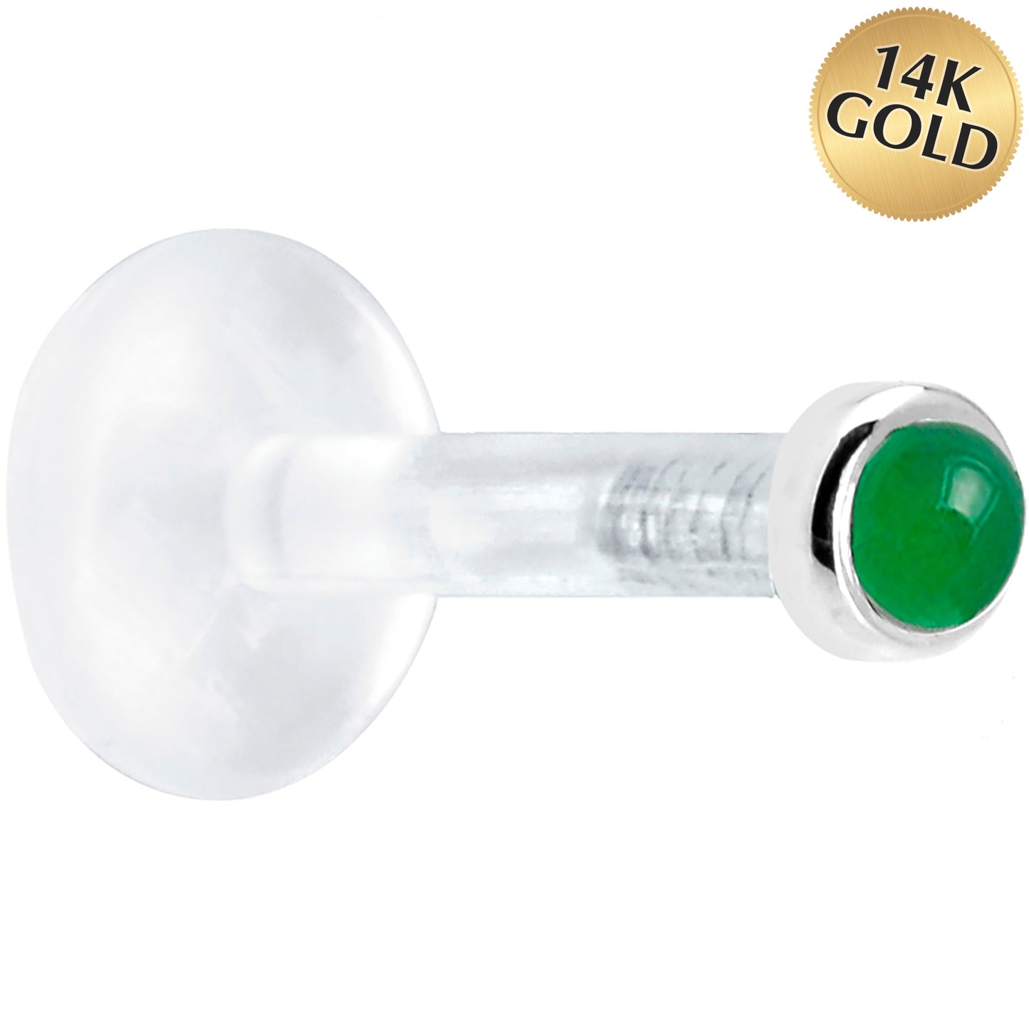 Solid 14K White Gold 2mm Genuine Jade Bioplast Push in Labret