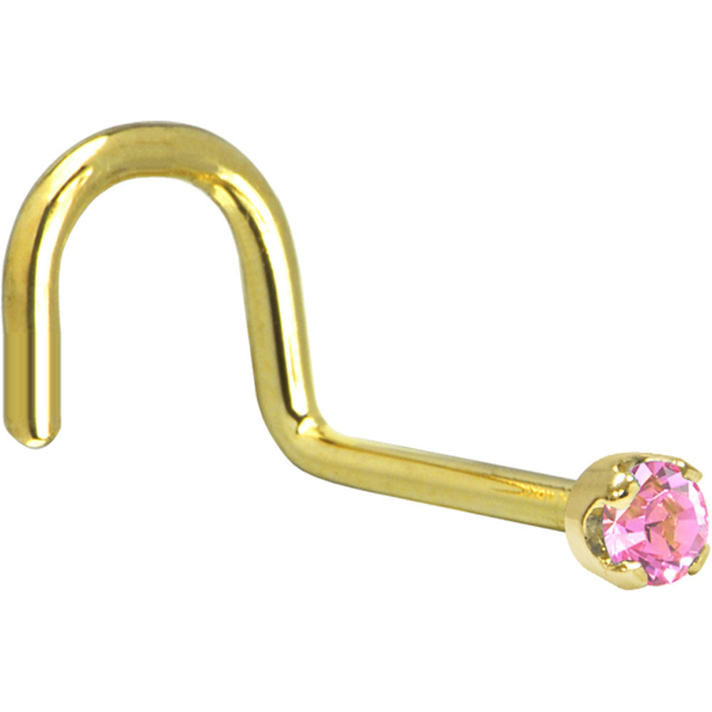 Solid 14K Yellow Gold 2mm Pink Cubic Zirconia Nose Ring