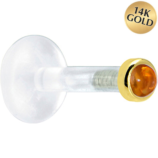 Solid 14K Yellow Gold 2mm Genuine Citrine Bioplast Push in Labret