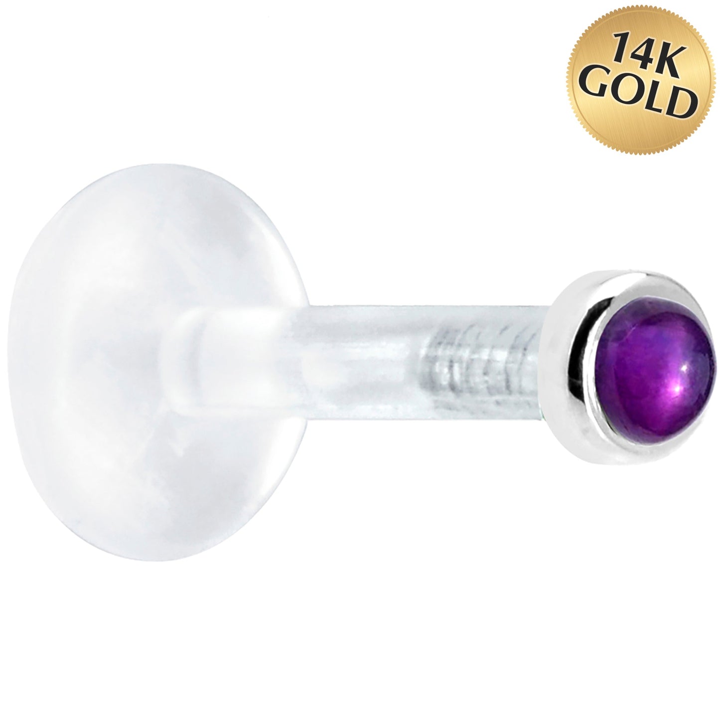 Solid 14K White Gold 2mm Genuine Amethyst Bioplast Push in Labret
