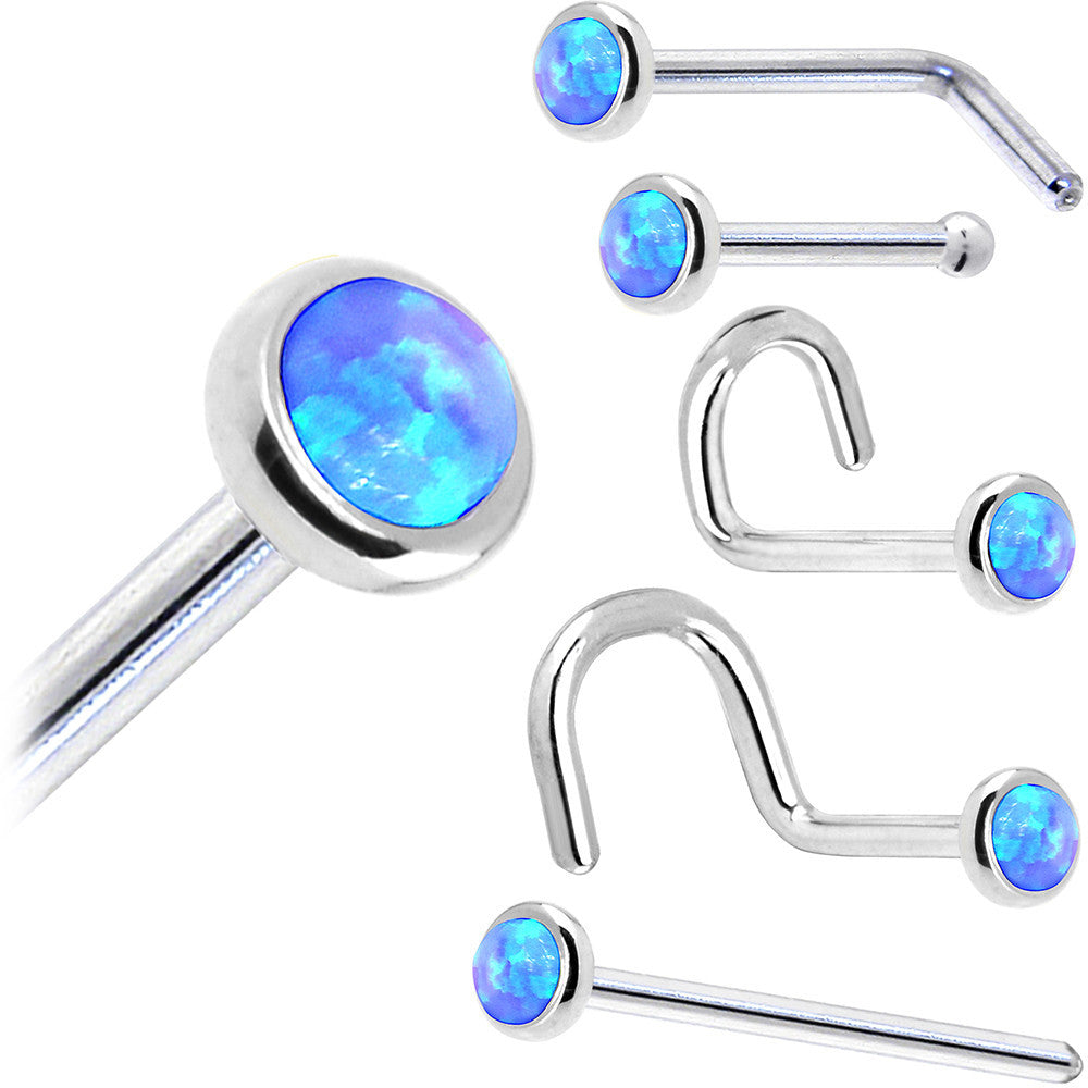 Solid 14K White Gold 2mm Blue Synthetic Opal Nose Ring