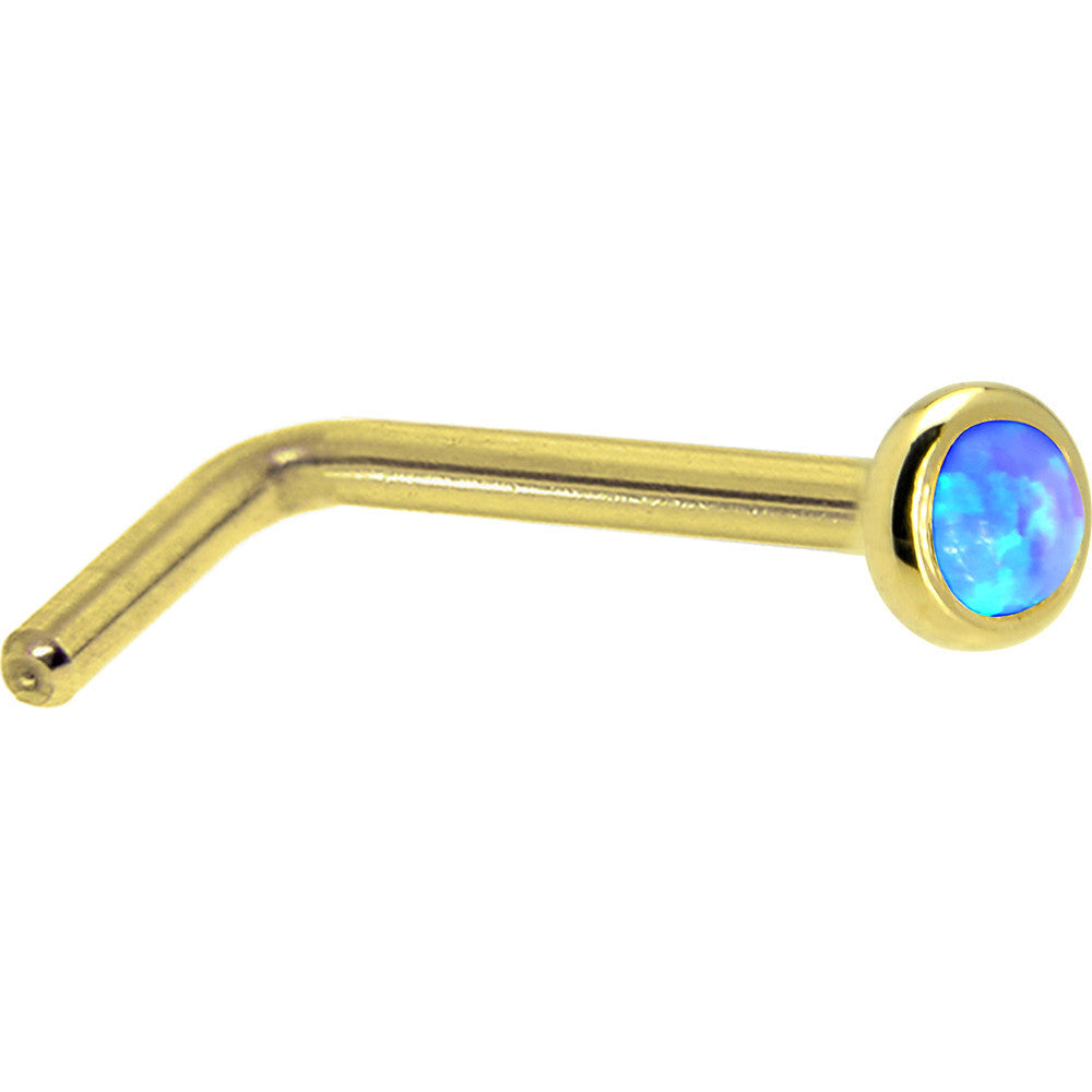 Solid 14K Yellow Gold 2mm Blue Synthetic Opal Nose Ring