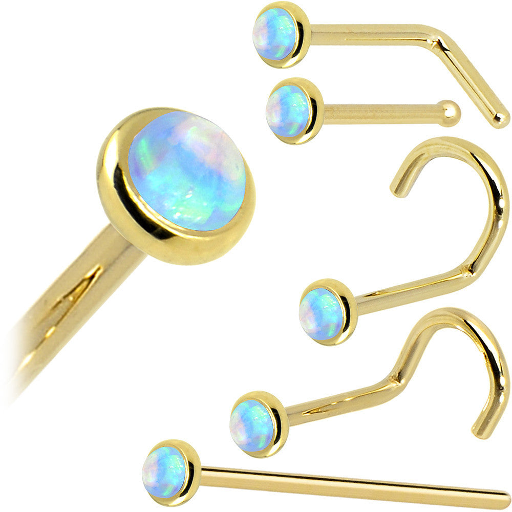 Solid 14K Yellow Gold 2mm Light Blue Synthetic Opal Nose Ring