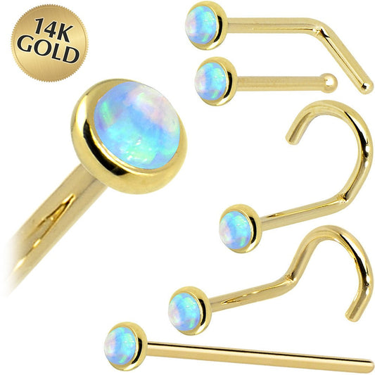Solid 14K Yellow Gold 2mm Light Blue Synthetic Opal Nose Ring