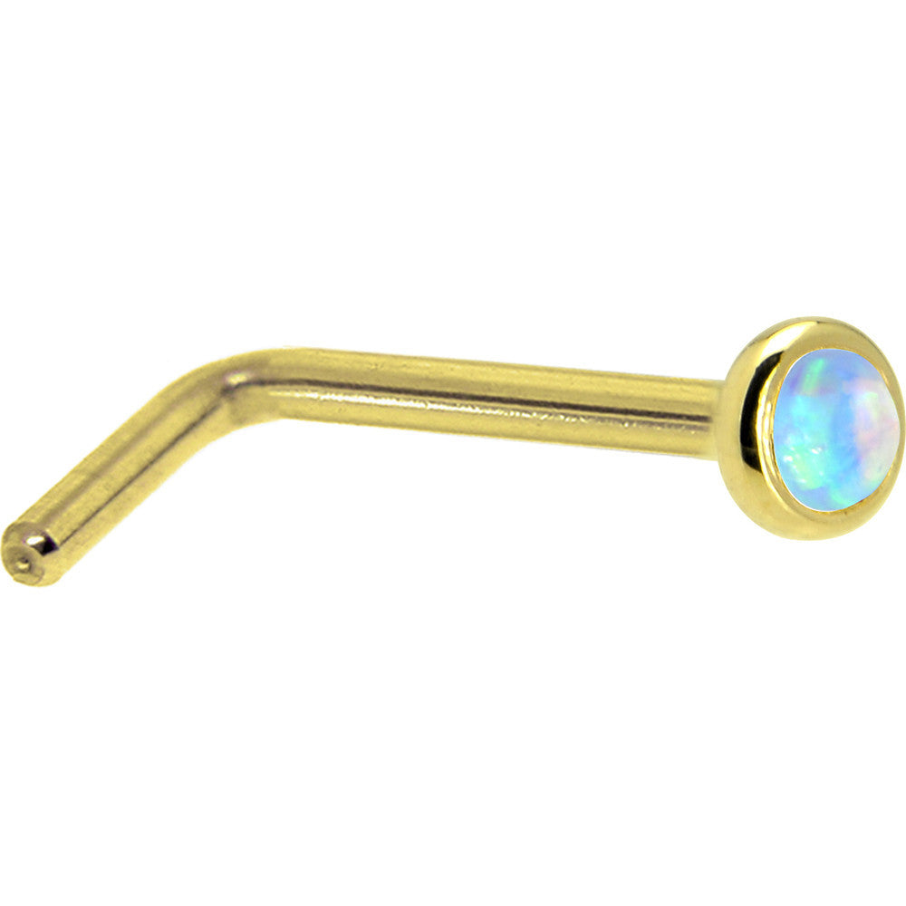 Solid 14K Yellow Gold 2mm Light Blue Synthetic Opal Nose Ring