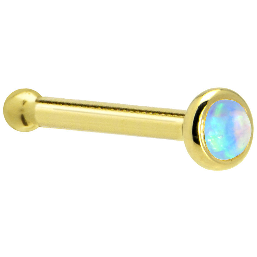 Solid 14K Yellow Gold 2mm Light Blue Synthetic Opal Nose Ring