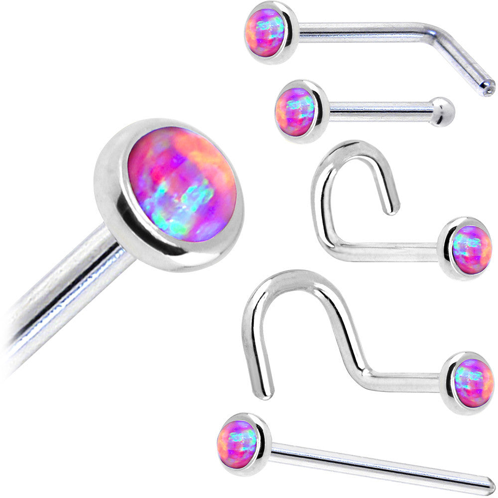 Solid 14K White Gold 2mm Fuchsia Synthetic Opal Nose Ring