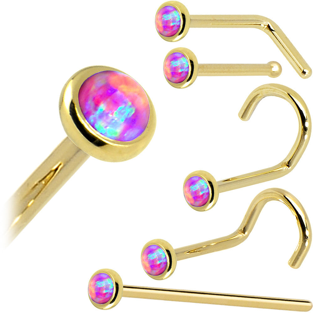 Solid 14K Yellow Gold 2mm Fuchsia Synthetic Opal Nose Ring