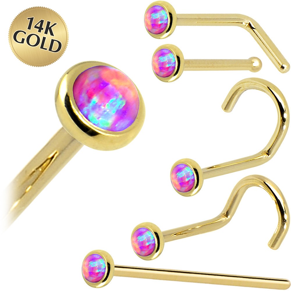 Solid 14K Yellow Gold 2mm Fuchsia Synthetic Opal Nose Ring