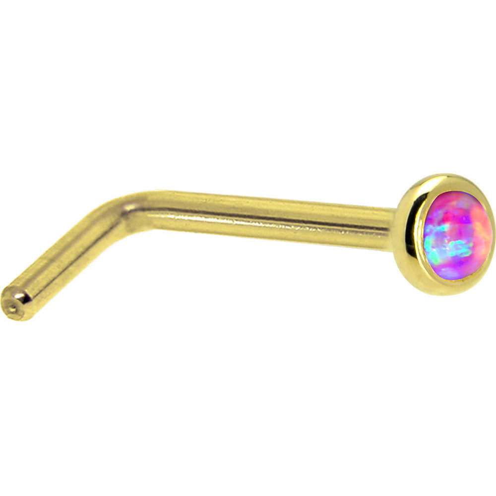 Solid 14K Yellow Gold 2mm Fuchsia Synthetic Opal Nose Ring