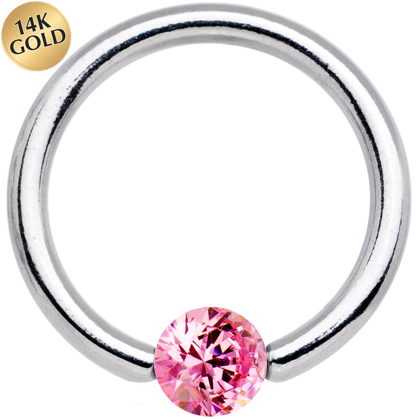 14G 7/16 Solid 14k White Gold 4mm Pink Cubic Zirconia Tension Captive Ring