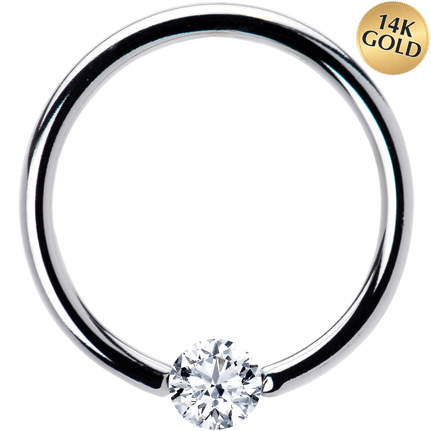 16G 1/2 Solid 14k White Gold 3mm Clear Cubic Zirconia Tension Captive Ring