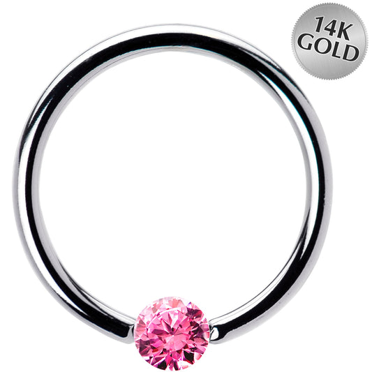 16G 1/2 Solid 14k White Gold 3mm Pink Cubic Zirconia Tension Captive Ring