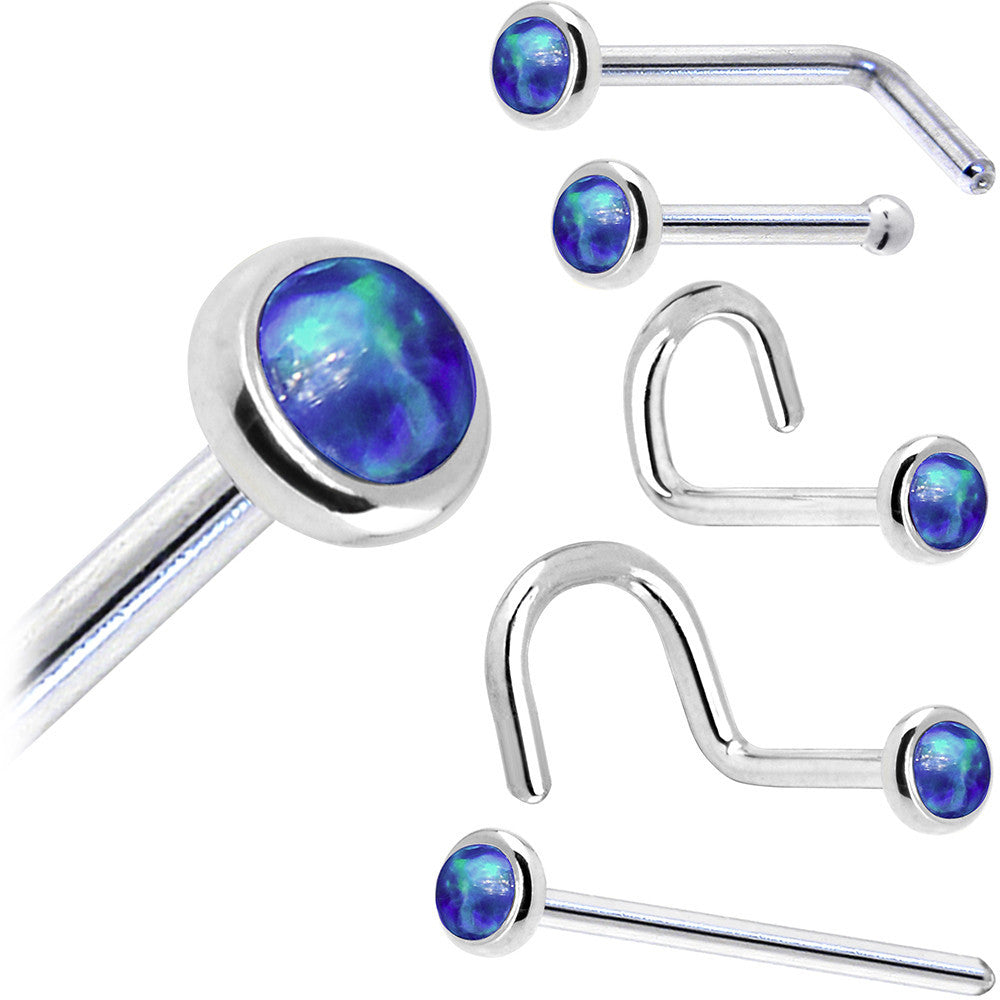 Solid 14K White Gold 2mm Dark Blue Synthetic Opal Nose Ring