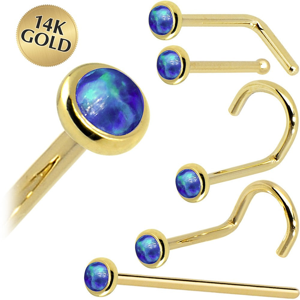 Solid 14K Yellow Gold 2mm Dark Blue Synthetic Opal Nose Ring